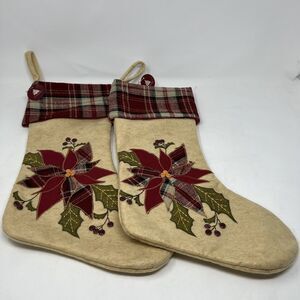 Enchanted Forest Felt Appliqued Fabric Poinsettia Christmas 2 Stockings 18 inch